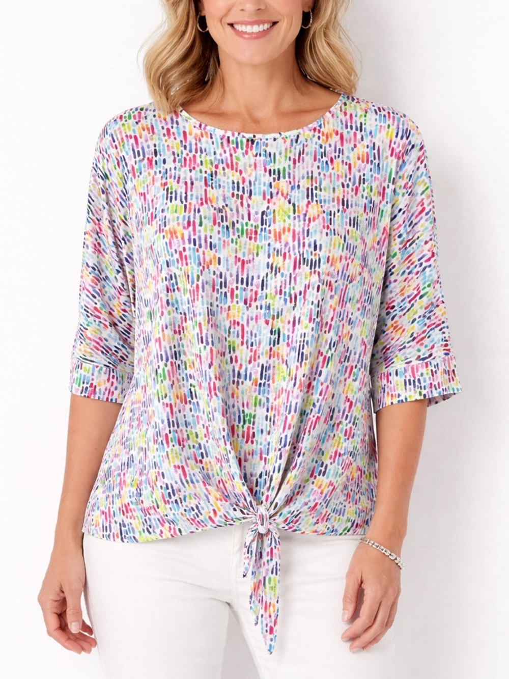 ALI MILES Multicolor Tie Front Scoop Neck Dolman Sleeve Blouse Size Medium